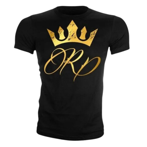 RP CROWN, BLACK T-SHIRT WITH GOLD LETTERING - Velikost: M