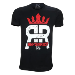 REPS FOR RICH, BLACK T-SHIRT WITH WHITE AND RED DESIGN